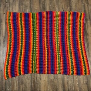 Vintage Retro Rainbow Crochet Blanket Striped Boho Afghan Throw